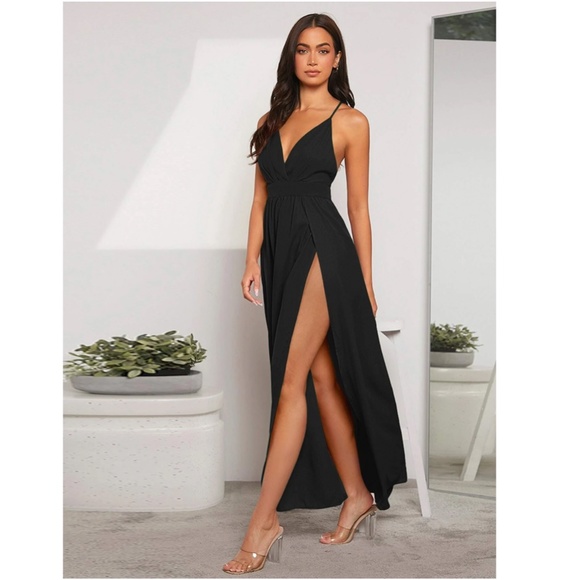 Deep V Backless High Leg Slit Maxi Dress in Black - Picture 2 of 10